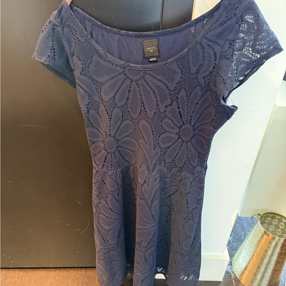 Deletta Blue Fit and Flare Mini Dress with Scoop Neck and Cap Sleeves